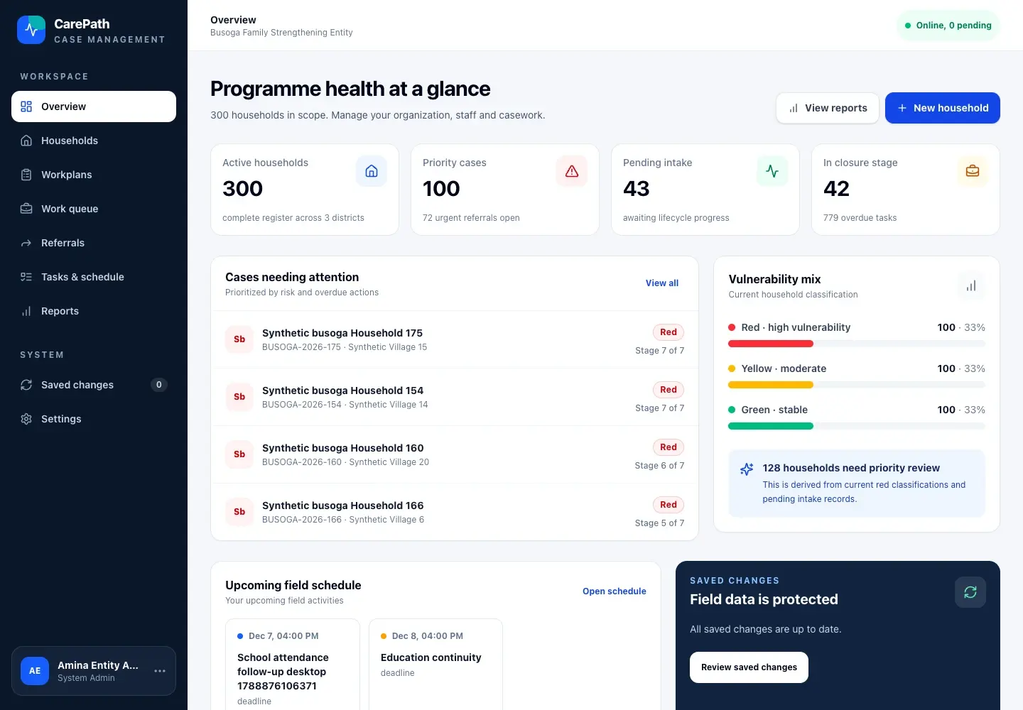 CarePath dashboard with household caseload, priority cases, and field schedules. Fictional demo records.